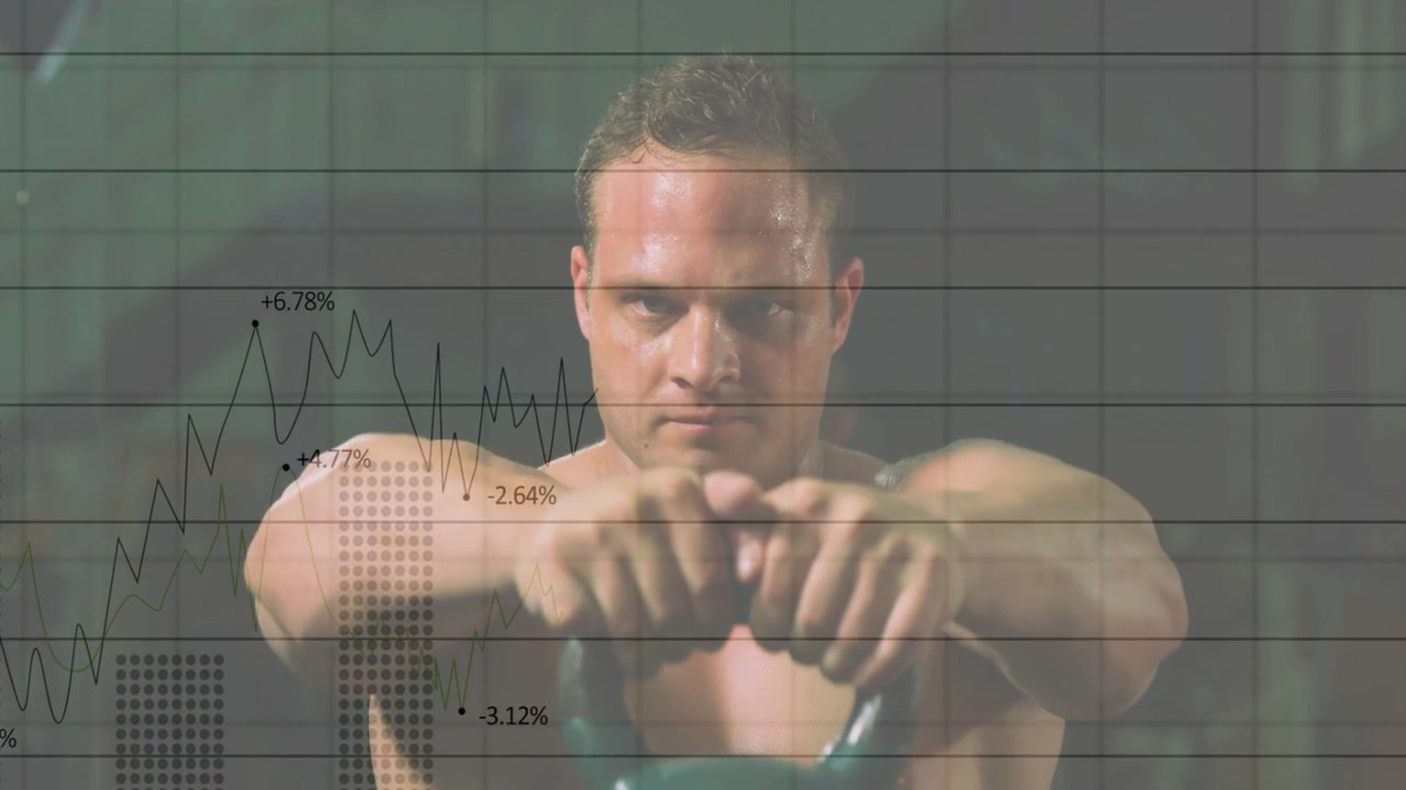 Uomo che si prepara, afferrando un kettlebell verde che appare, sollevandolo per il fitness, mentre dei grafici si sovrappongono alla scena
