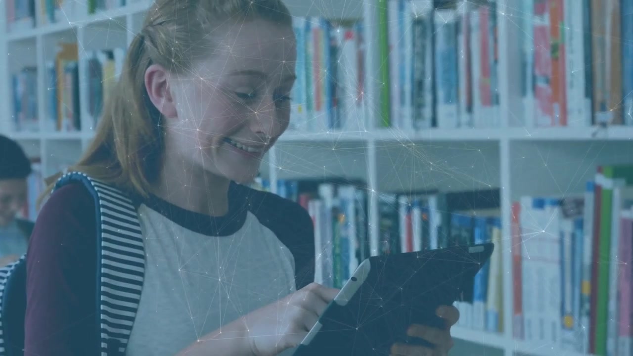 Animation of network of connections caucasian female student using tablet