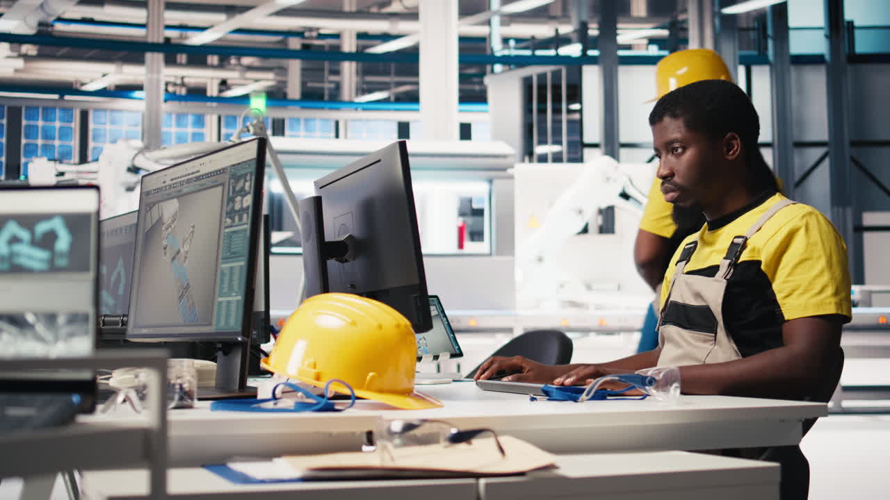 Vertical Video Black worker programming robotic assembly line in solar cell factory