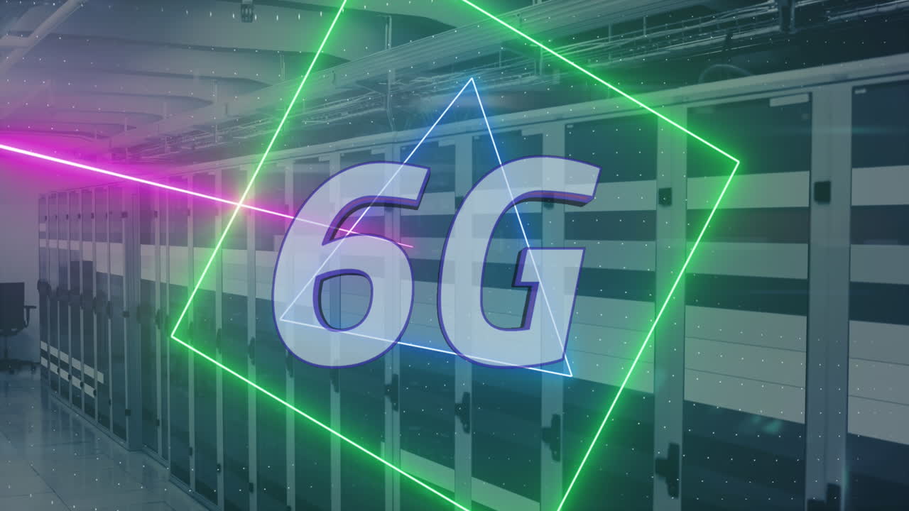 animación de texto de 6g sobre la sala del servidor