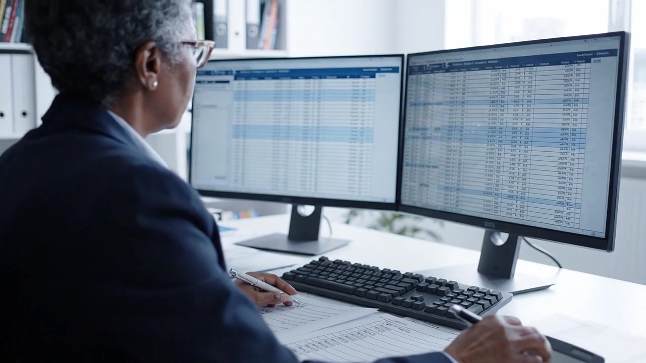 Profesional Fokus Menganalisis Data dan Informasi Keuangan dengan Kalkulator dan Monitor Ganda di Lingkungan Kantor Modern