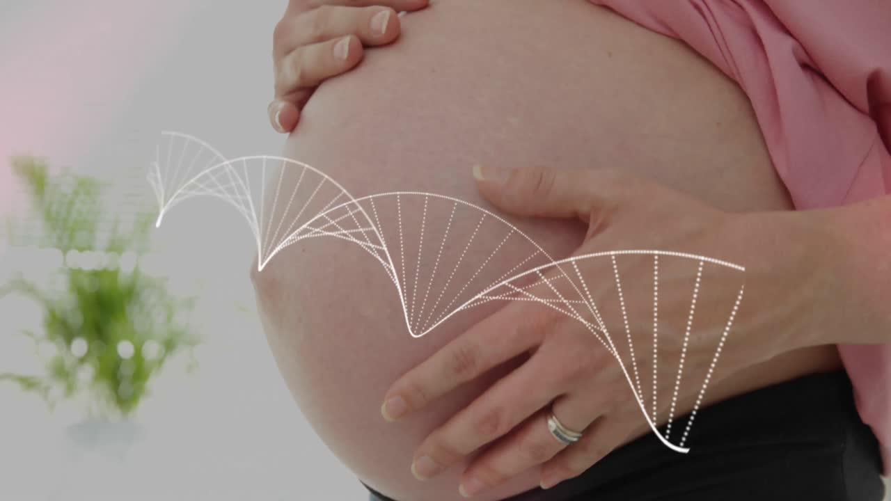 임신 중인 백인 여성의 복부를 만지는 중간 부분에 있는 dna 줄기