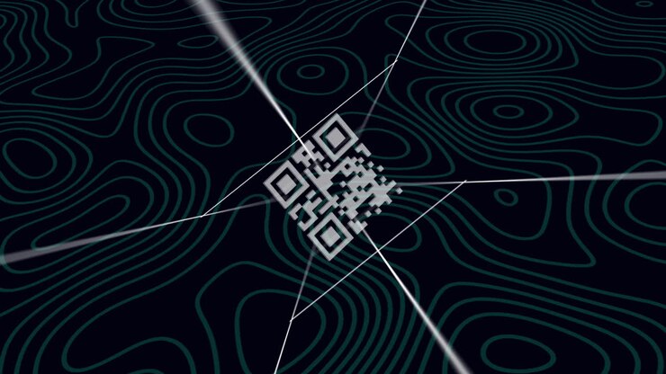 Animation of qr code rotating on black background with isohypses