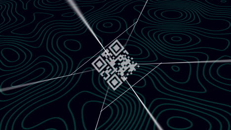 Animation of qr code rotating on black background with isohypses