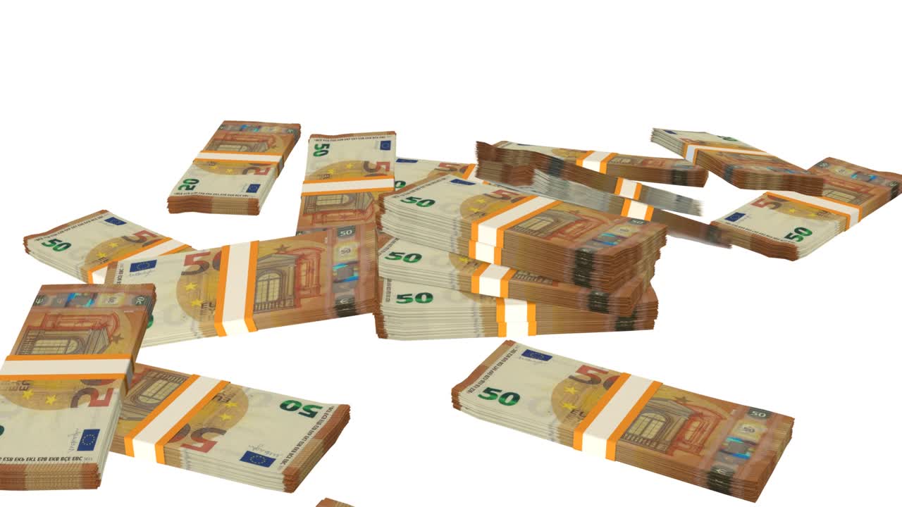 Viele Geldbündel fallen auf den Tisch. 50-Euro-Banknoten. Geldstapel.