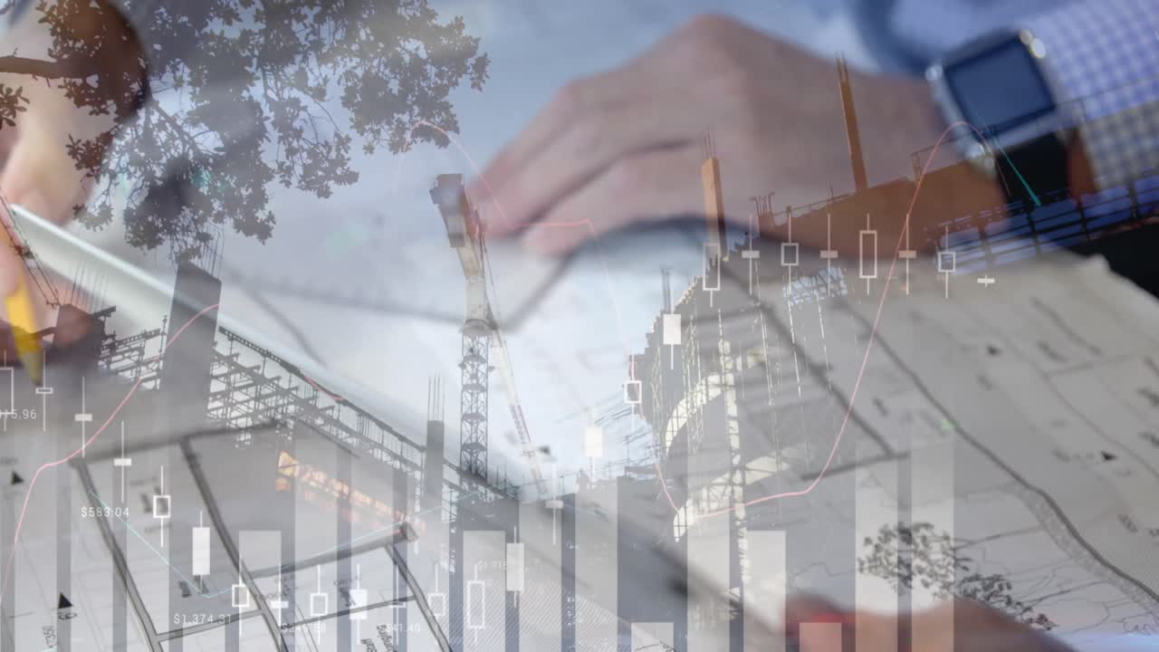 diferentes gráficos, manos dibujando y sosteniendo una tableta, y un edificio en construcción