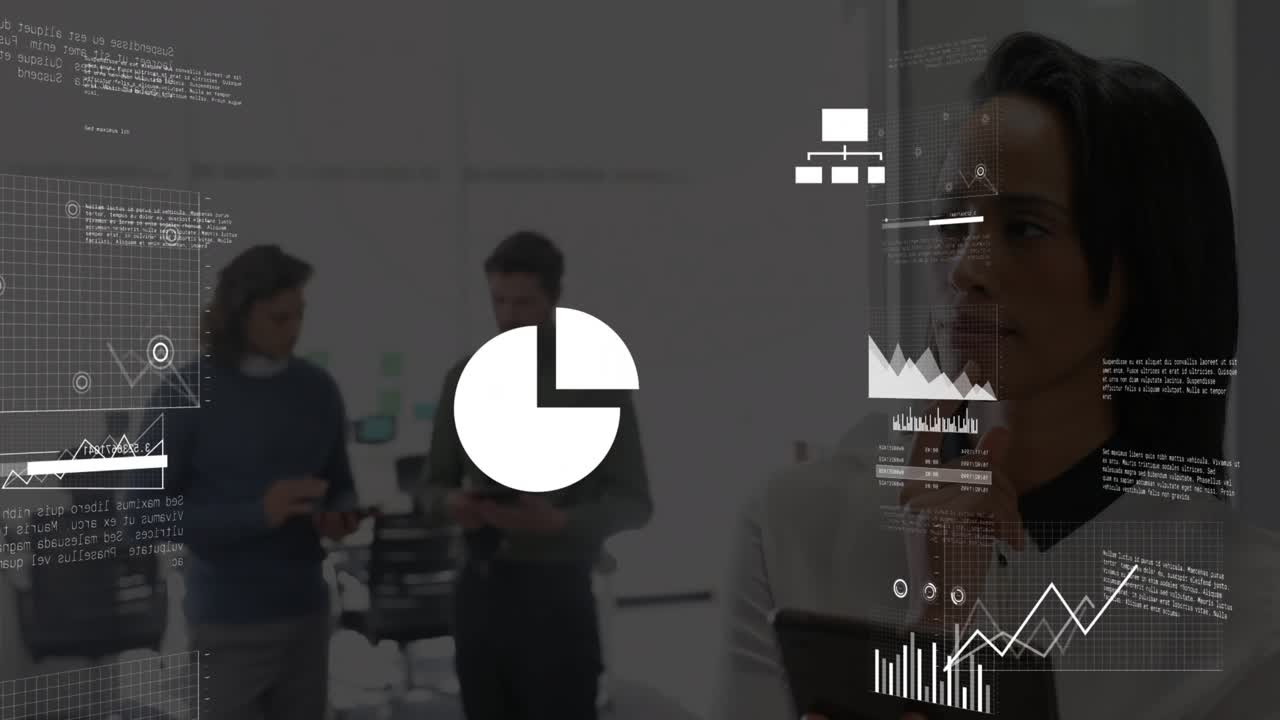 Front woman tapping tablet starting biz overlay cloudmap morphing into charts as two men analyzing