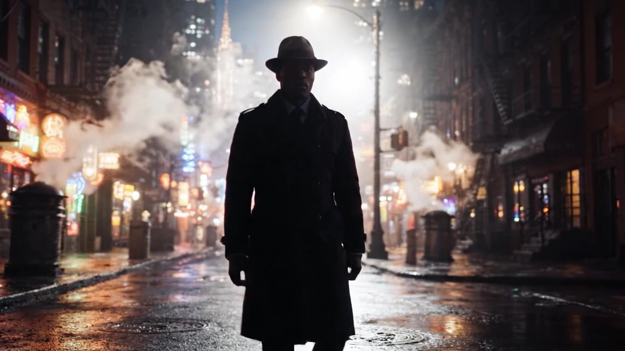 Una Figura Misteriosa Passeggia per una Strada Urbana Nebbiosa, Circondata da Luci al Neon e Vapore, Evocando un Senso di Intrigo e Avventura in un Ambiente Ispirato al Noir