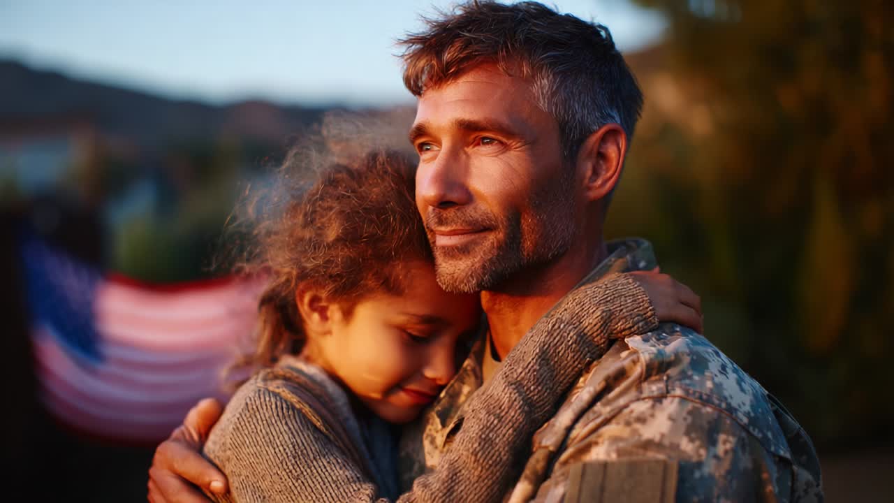 A Heartwarming Reunion: A Soldier Embraces His Daughter in a Touching Moment of Love and Bonding Against a Beautiful Sunset Backdrop, Highlighting the Strength of Family Connections