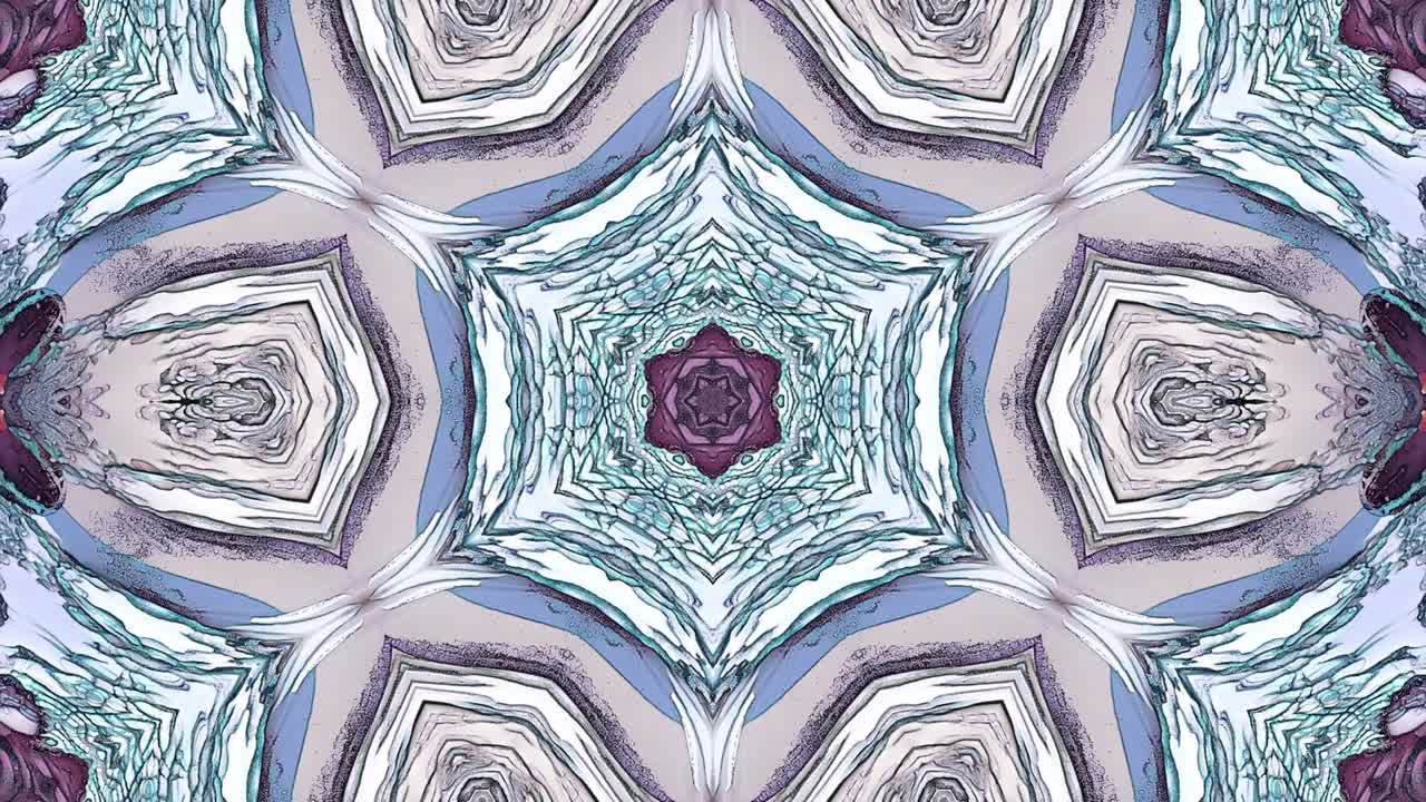 patrón de kaleidoscopio abstracto con colores rosa, púrpura, azul, amarillo y blanco. mandala mágica. fondo gráfico de movimiento multicolor 4k abstracto. animación fractal.
