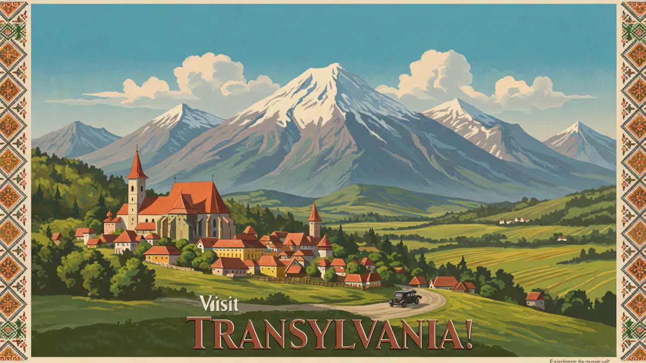 Explore the Enchantment of Transylvania with Majestic Mountains, Historic Architecture, and Lush Green Fields in this Stunning Vintage Poster Depiction
