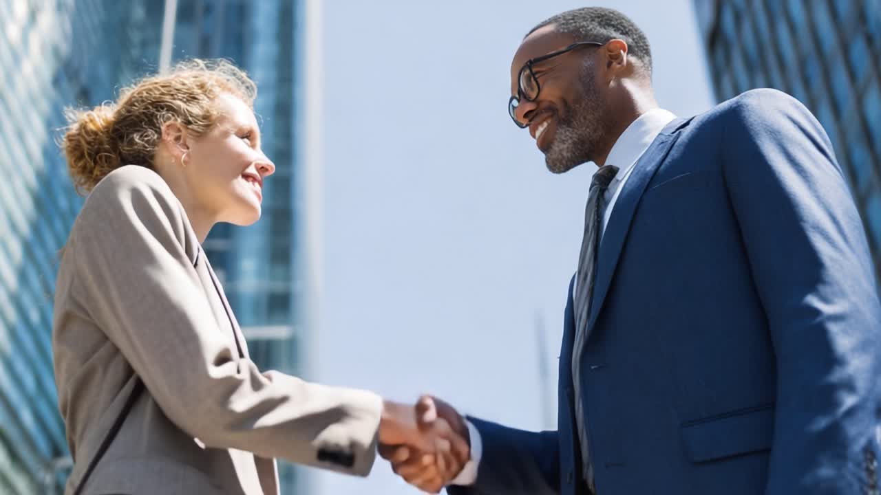 A Dynamic Business Partnership Exchange: Two Professionals Engaging in a Handshake Beneath Modern Skyscrapers in a Busy Urban Environment