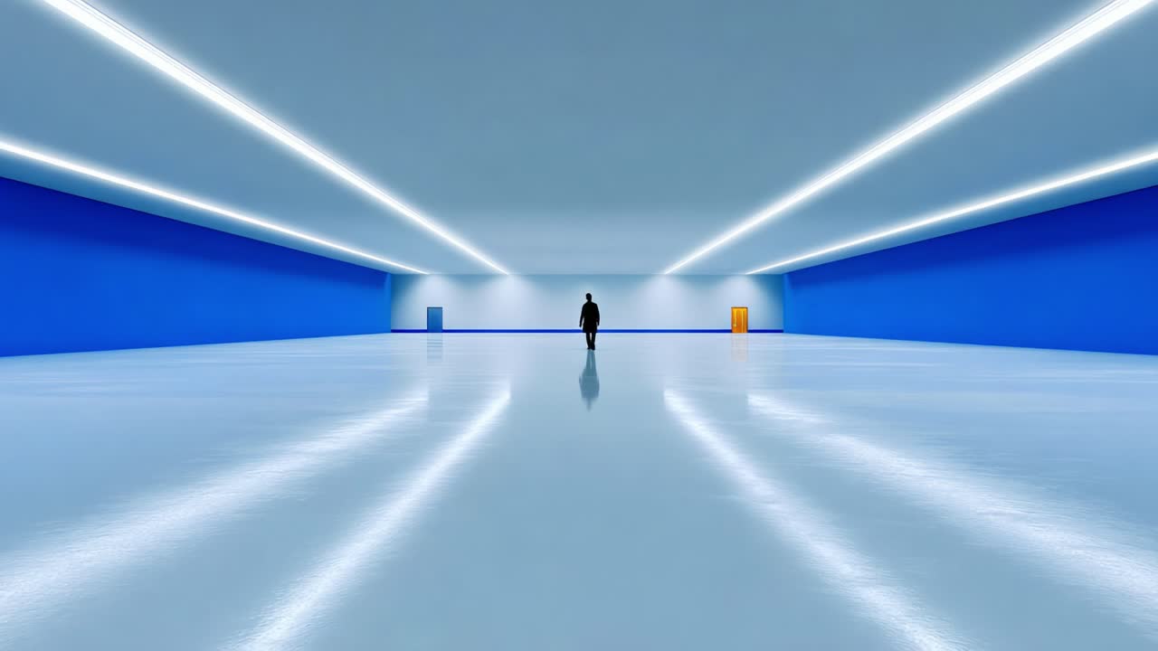 A Solitary Figure in a Vast, Minimalist Space: Exploring the Serenity and Depth of an Expansive Room with Reflective Floors, Blue Walls, and Subtle Lighting Creating an Atmosphere of Isolation and Contemplation