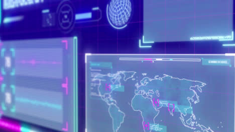 Animación-Del-Globo,-Barras-De-Carga,-Mapas-Y-Lenguaje-Informático-Sobre-Fondo-Azul