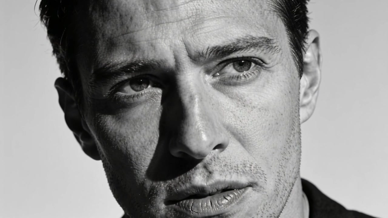 Starting off look man closing eyes moving gaze pressing lips thinking dark shirt under studio light