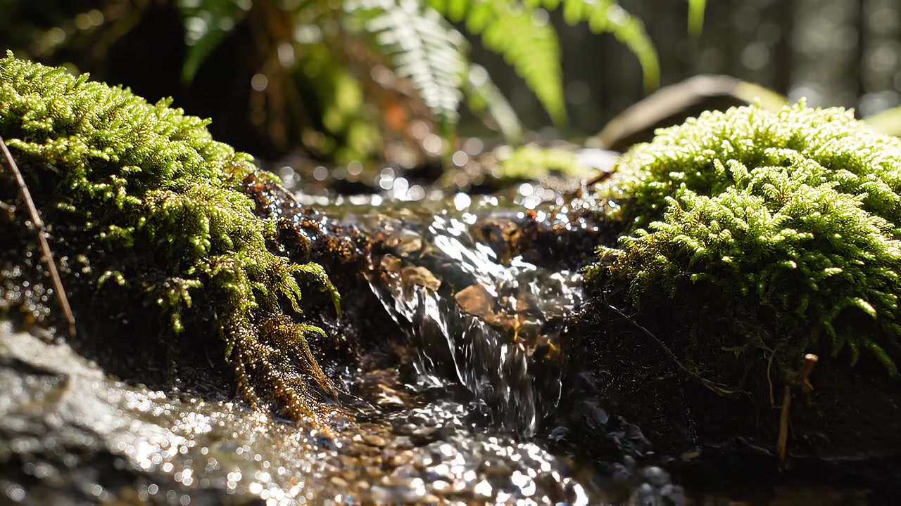 Sunlight glistening on a small forest stream with green moss