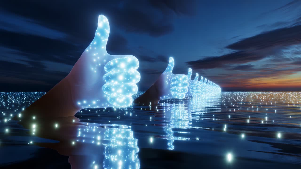 A Stunning Visual of Glowing Thumbs Up Hands Emerging from the Surface of a Tranquil Water Body, Creating a Beautiful Reflection Against a Mesmerizing Sunset Sky Full of Colorful Hues and Sparkling Lights