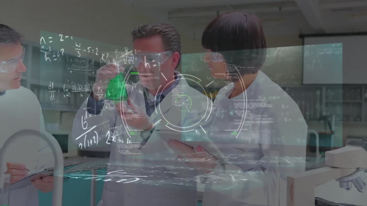 animación de ecuaciones matemáticas y escaneo de alcance sobre diversos científicos en el paisaje urbano del laboratorio