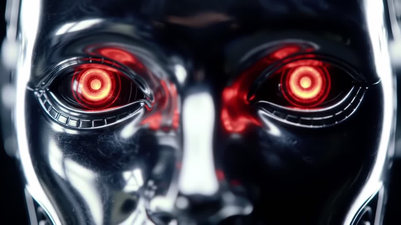 Close-Up of Futuristic Robotic Face with Glowing Red Eyes, Showcasing Advanced Technology and Sleek Chrome Design, Questioning Artificial Intelligence and Machinery Ethics