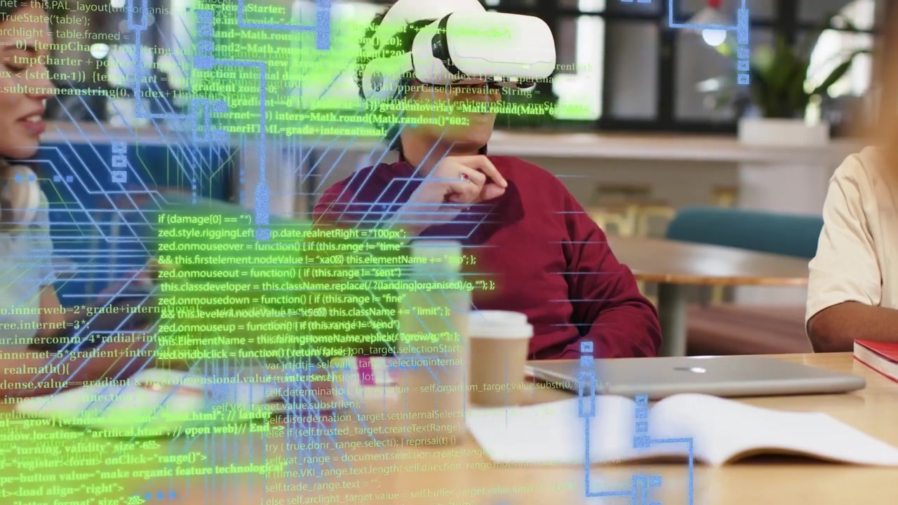 Lead student putting on white VR headset, gesturing, overlay growing around student, peers studying