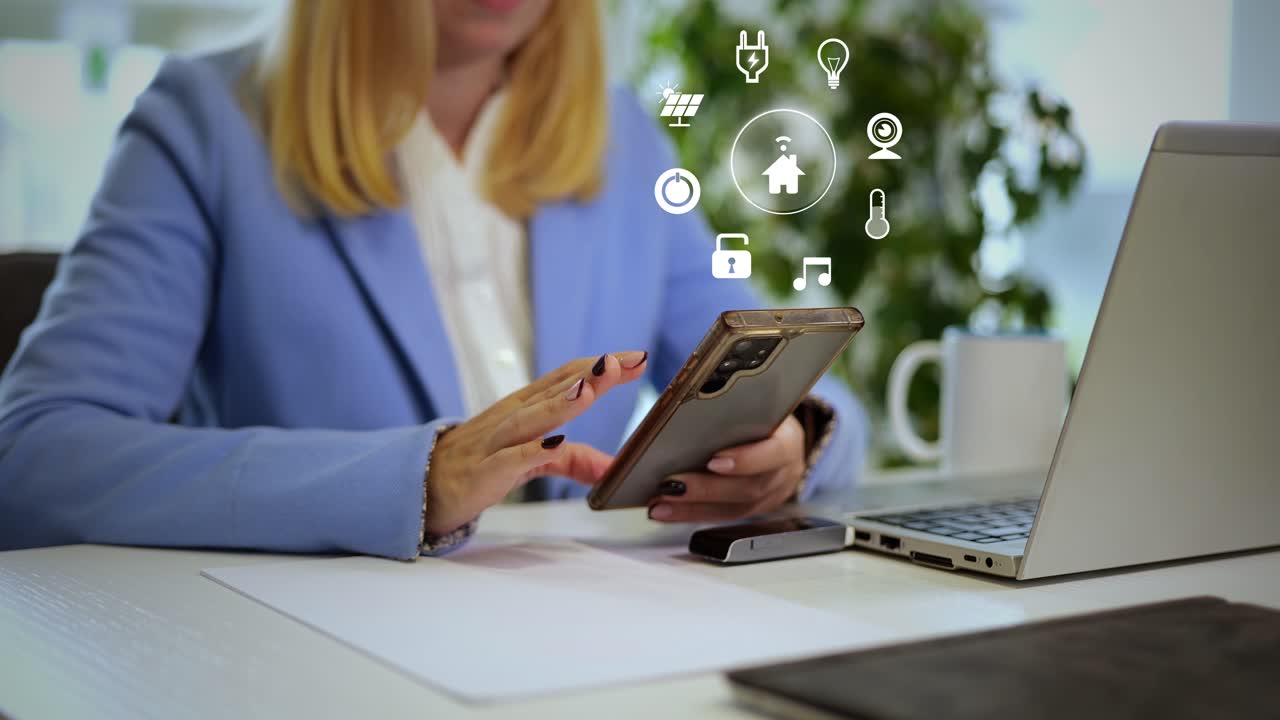 Woman controls smart home devices remotely using smartphone in office. Animation