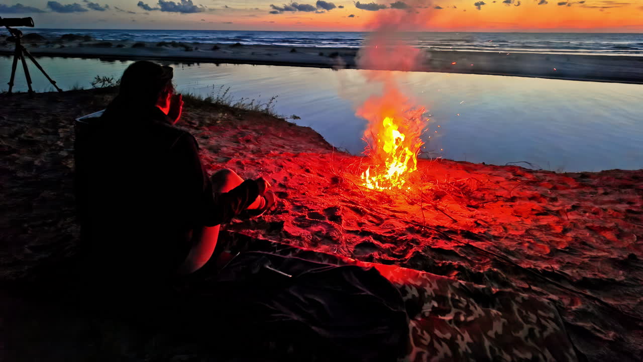 Person enjoying a vibrant bonfire on a sandy beach at sunset