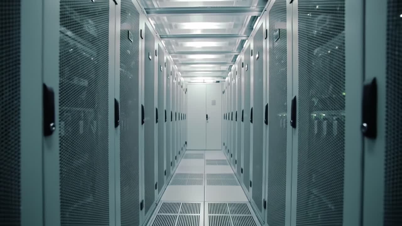 This location showcases a modern data center with long aisles of high-tech server racks illuminated by cool white lights.