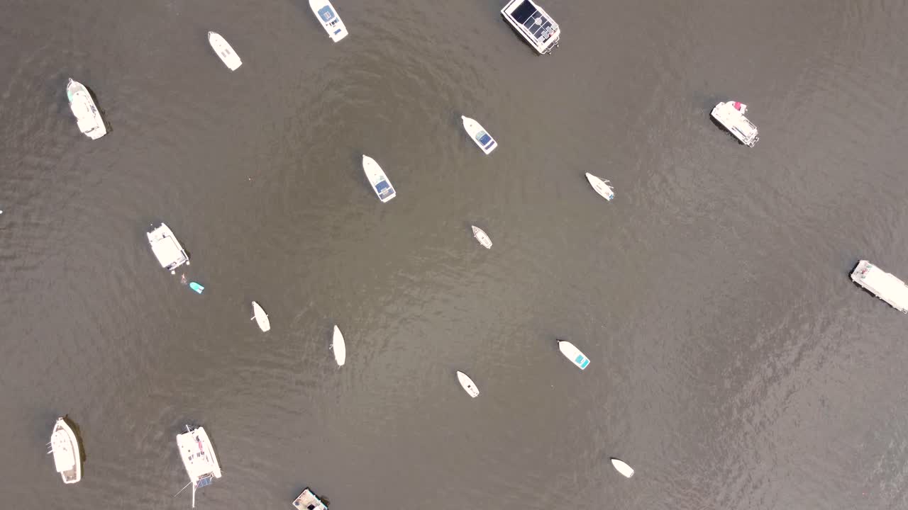 Bird's eye drone aerial shot of Brooklyn town Harbour with boats yachts in the Hawkesbury River Hornsby Shire Berwora Sydney Australia 3840x2160 4K