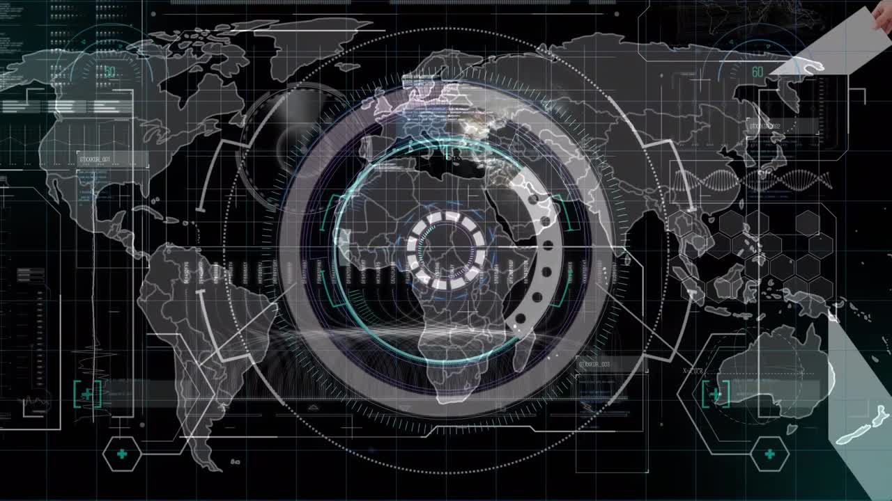 검은색 배경에 데이터 처리를 통해 스 스캔과 세계 지도의 애니메이션