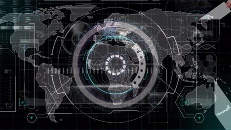 Animación-De-Escaneo-De-Alcance-Y-Mapa-Mundial-Sobre-Procesamiento-De-Datos-Sobre-Fondo-Negro