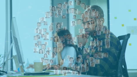 animación de la red de conexiones sobre el trabajador de oficina afroamericano