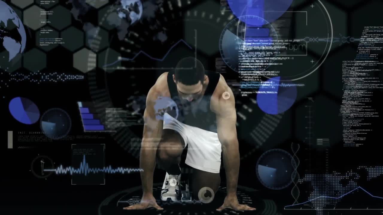 데이터 처리 및 디지털 인터페이스의 애니메이션 카우카스 남성 럭비 선수