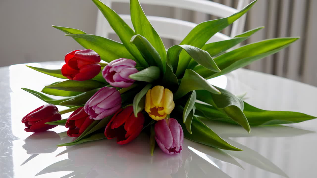 Colorful Tulips Bouquet on a White Table