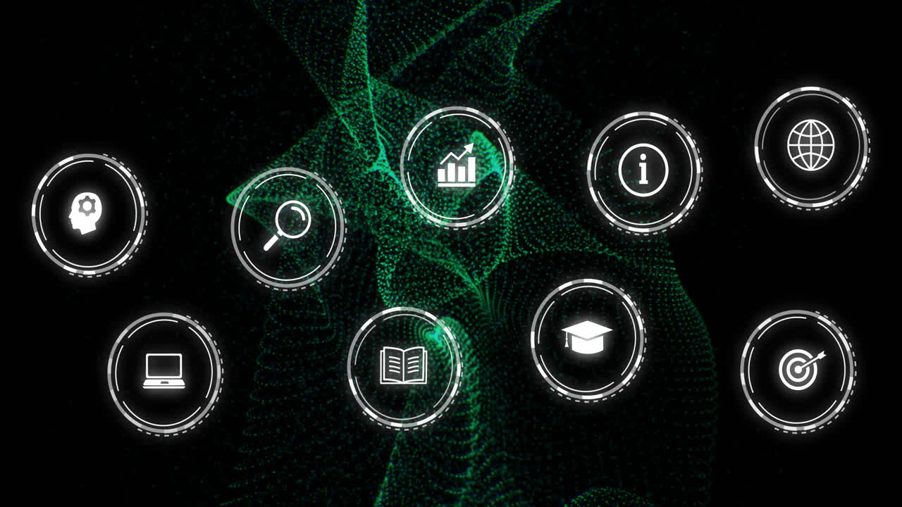 Animation of network of neon connections with icons on black background