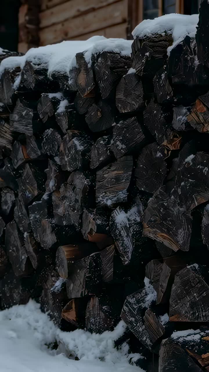 Video verticale: ripresa panoramica con camera che rivela legna da ardere impilata vicino alla parete di una baita, mostrando le superfici tagliate e la neve