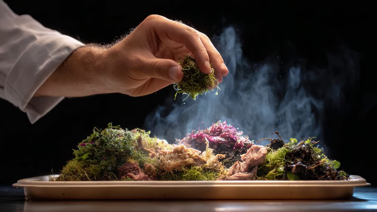 A Culinary Masterpiece: Artistic Presentation of Freshly Prepared Moss and Delicate Ingredients Captured in Steam and Light within a Gourmet Dish