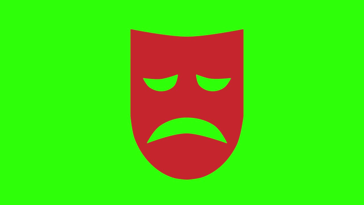 Illustrazione animata 2D della maschera teatrale triste su schermo verde.