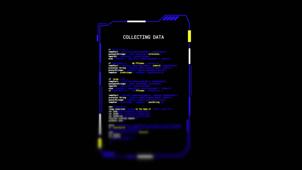 Animation of interface with collecting data text, processing on black background