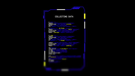 animation of interface with collecting data text, processing on black background