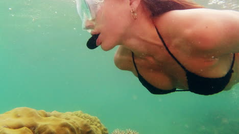 mujer buceando en un arrecife de coral tropical