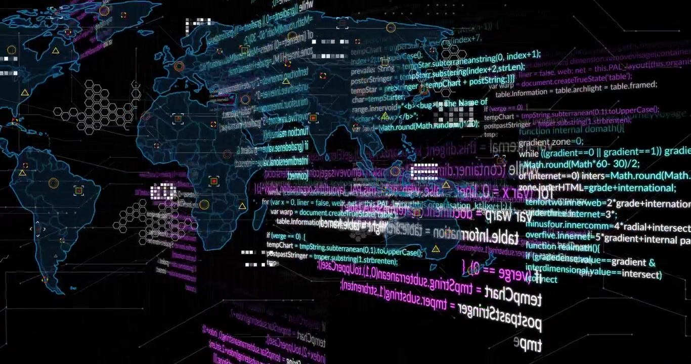 Animation of data processing over world map on black background