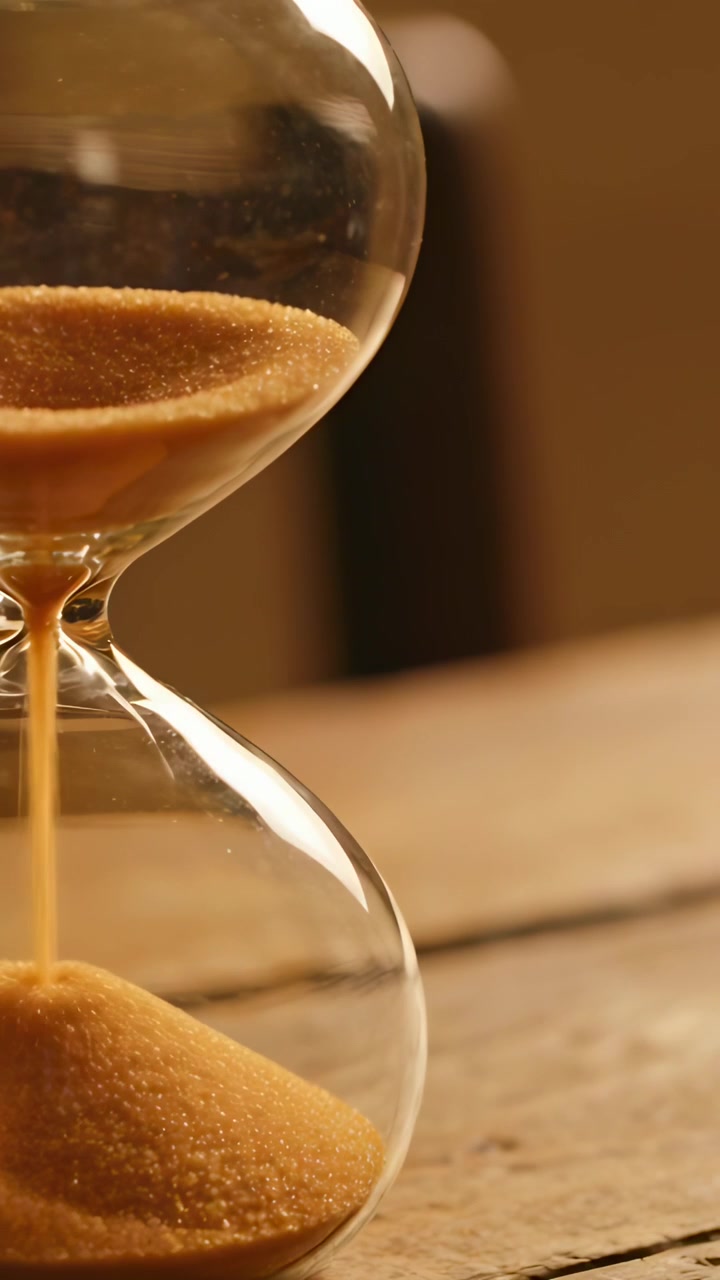 Vertical video: Letting glass hourglass sending gold sand through neck on wood table tracking time