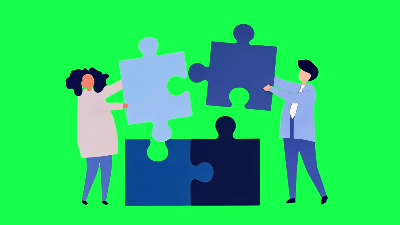 Teamwork puzzle collaboration success animation, transparent 4K video, green screen