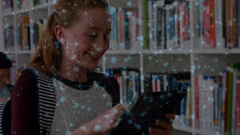 Animation-of-dots-connecting-with-lines-over-excited-caucasian-girl-using-digital-tablet-in-library