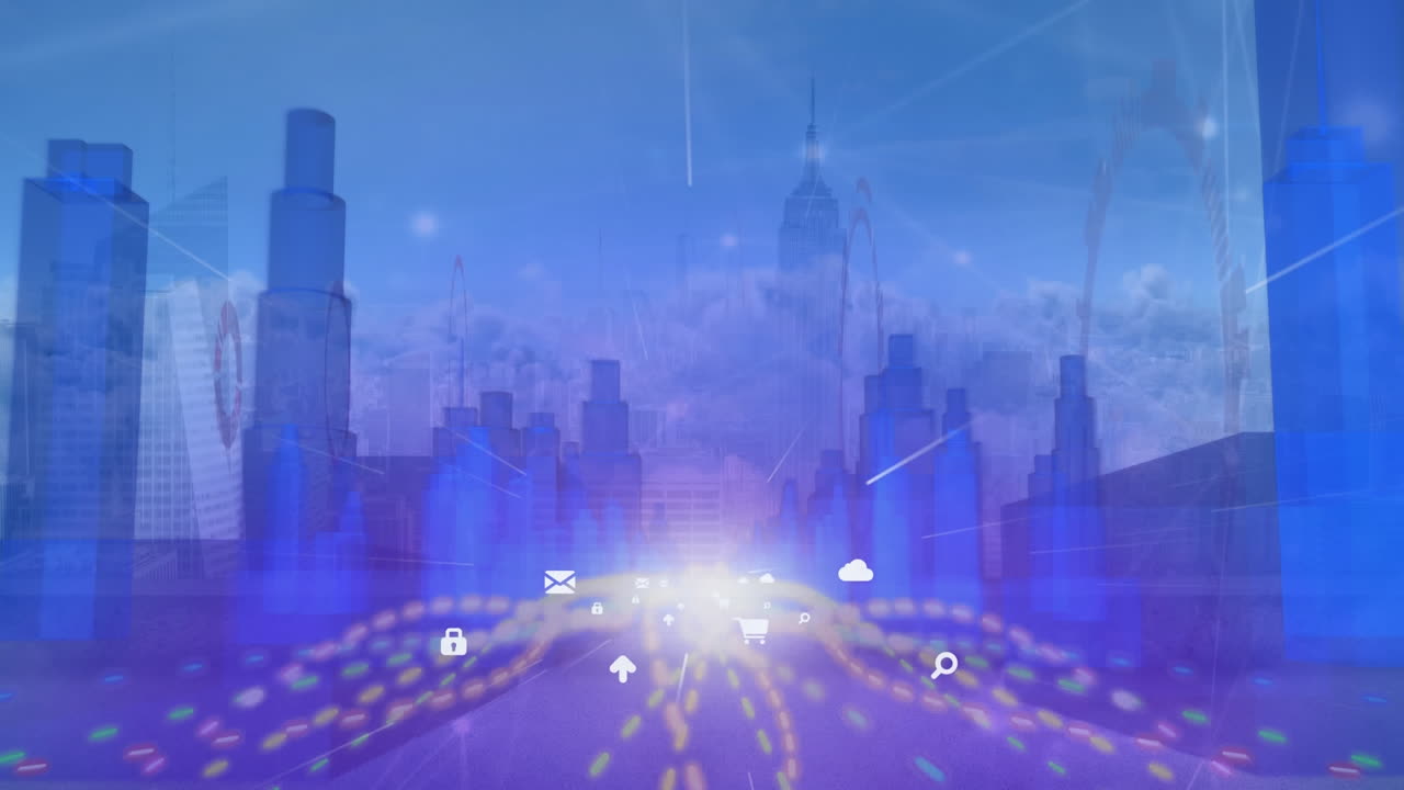 animación de múltiples iconos digitales, senderos de luz y escáner redondo contra el modelo de ciudad 3d.