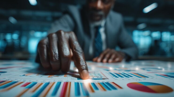 Analyse av datavisualiseringer: En fokusert forretningsperson engasjerer seg med grafer og diagrammer i et moderne kontormiljø for innsiktsfull beslutningstaking