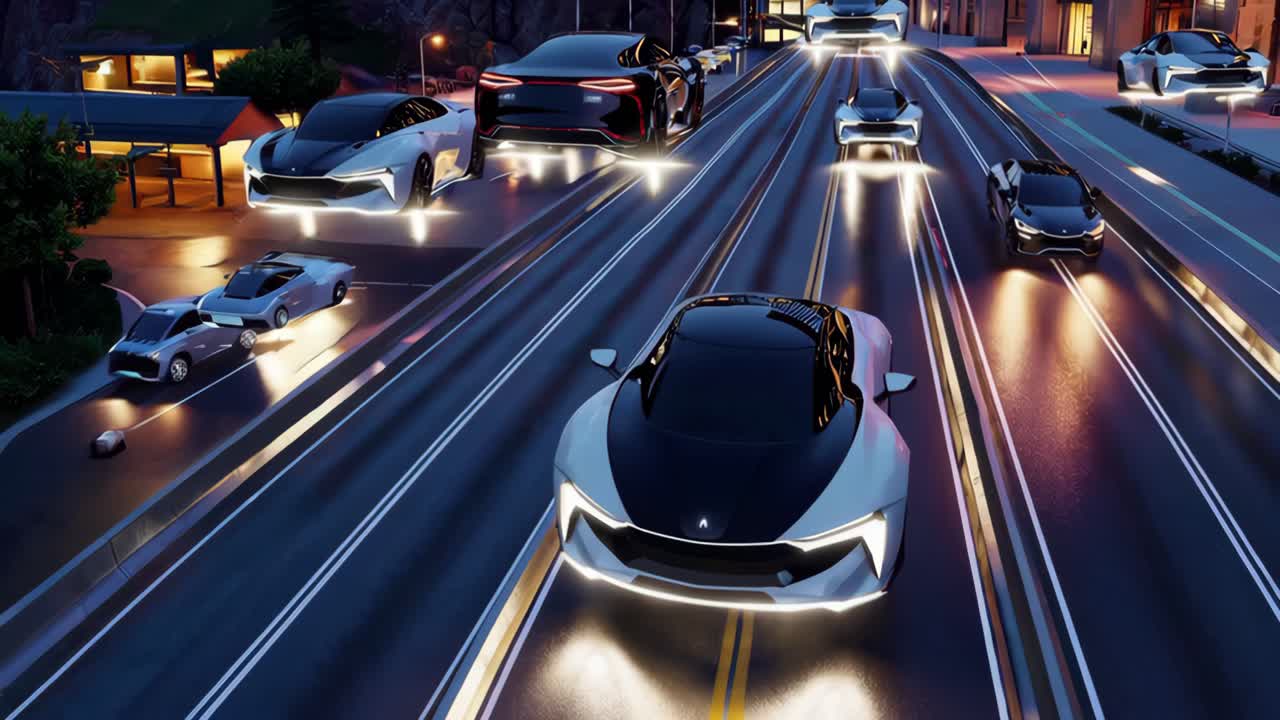 밤에는 날아다니는 자동차가 있는 미래의 도시 풍경