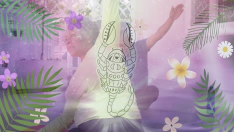 Animation-of-horoscope-zodiac-scorpio-star-sign-over-senior-diverse-people-practicing-yoga