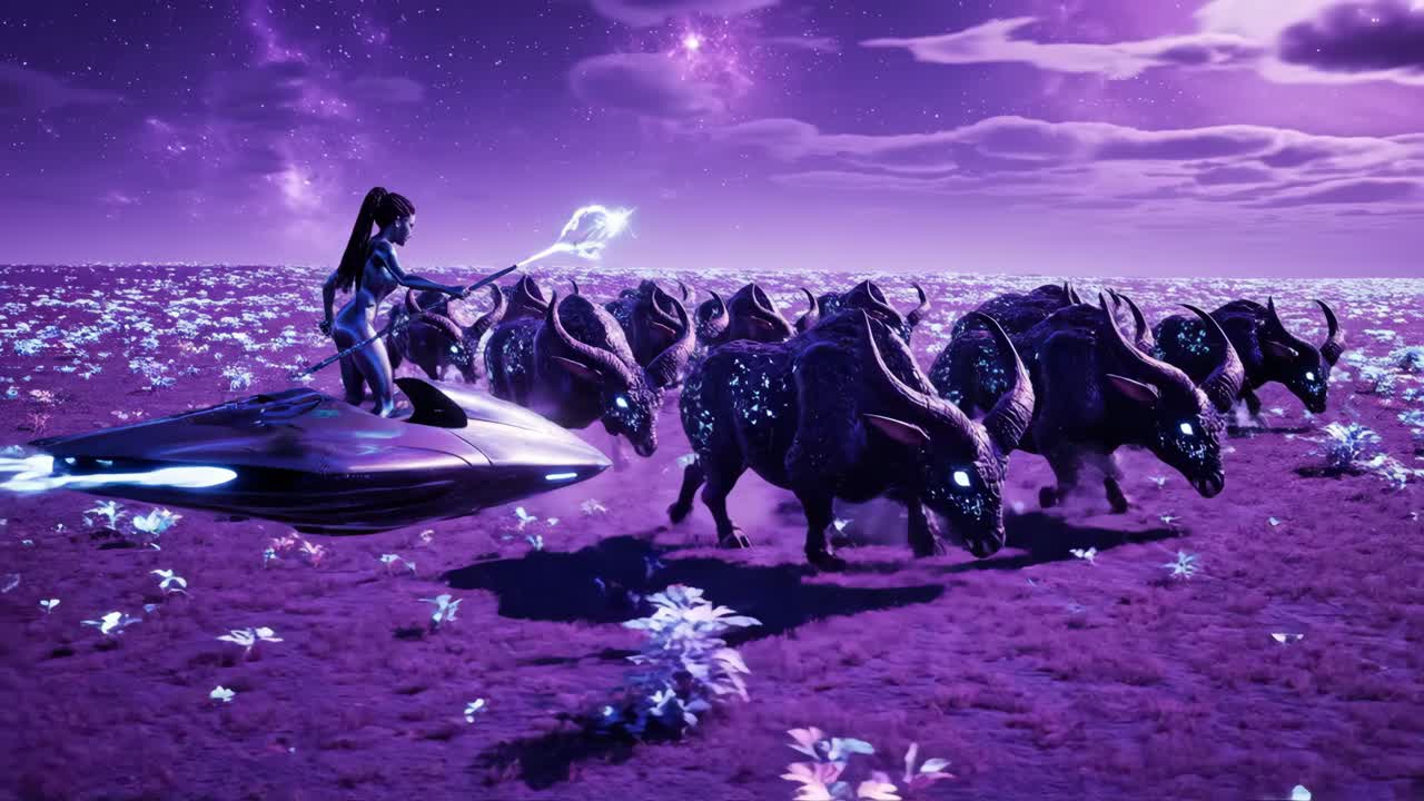 Fantasy-fremmed verden med futuristisk romfartøy og magiske skapninger