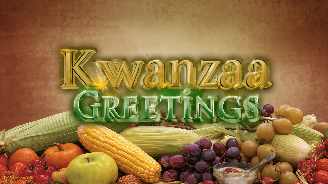 Shining gold Kwanzaa, green GREETINGS catching soft light on parchment, showing corn and grapes